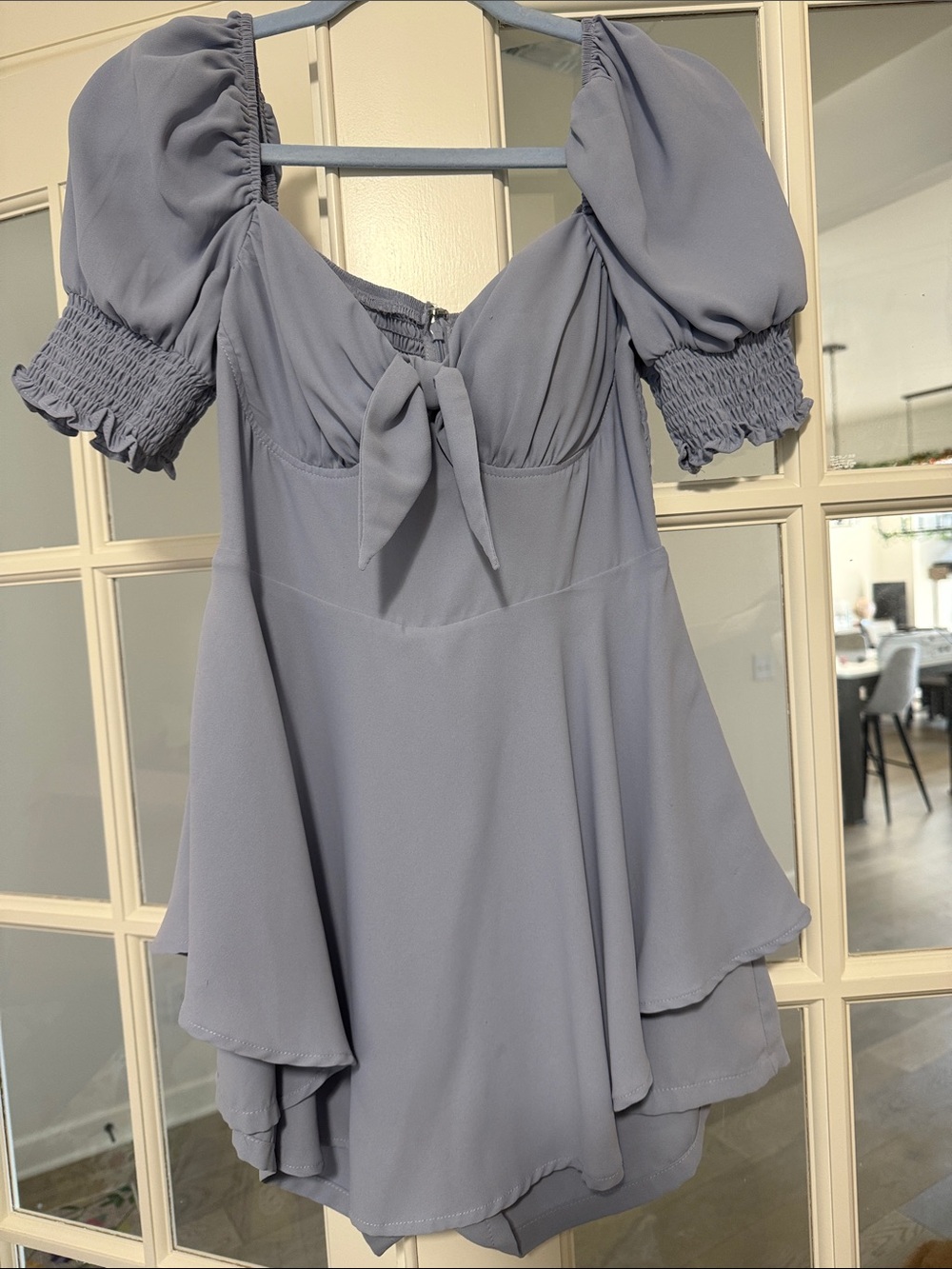 Lulus Women's Slate Blue Puff Sleeve Tie-Front dress